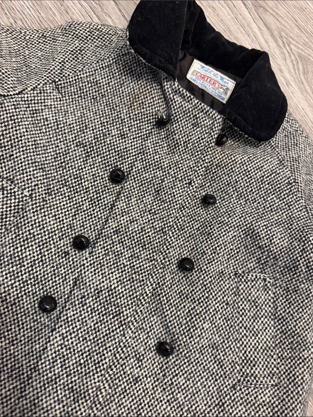 Carter's Vtg Gray Herringbone Wool Pea Coat Black Collar 24 Months
